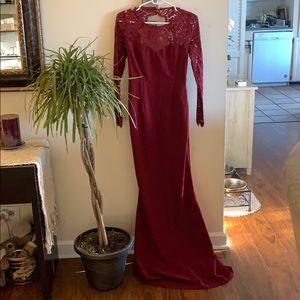 Red lace formal maxi dress with low back